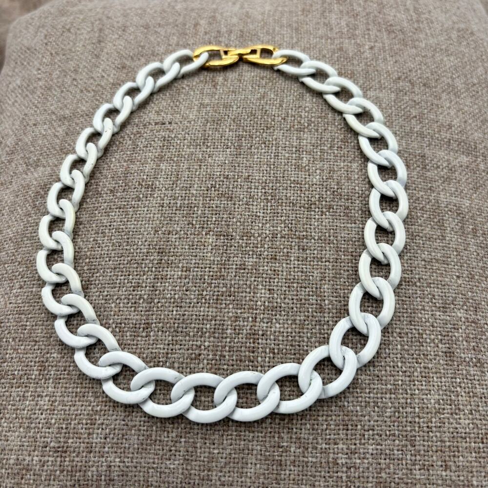 Vintage Monet White Enamel Chunky Curb Chain Necklace 16.5 Inch 1980s Gold Clasp